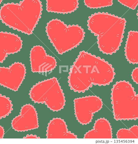 Pink hearts vector seamless pattern. Cute bright heart shapes on green background. Coquette minimalist repeat tile for Valentine's Day. Romantic love design for cards, stationery, fabrics, print Pink hearts vector seamless pattern. Cute bright heart shapes on green background. Coquette minimalist repeat tile for Valentine's Day. Romantic love design for cards, stationery, fabrics, print 135456394