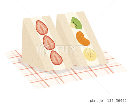 ペーパーの上に置いた斜めから見たかわいいフルーツサンドセットのイラスト 135456432