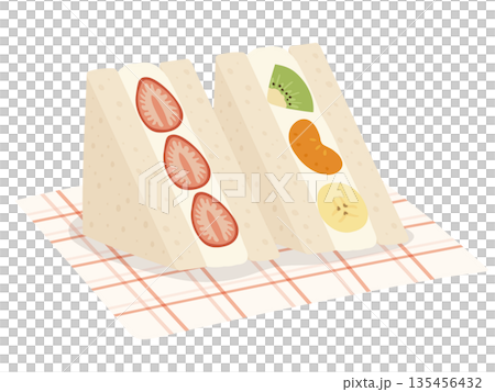 ペーパーの上に置いた斜めから見たかわいいフルーツサンドセットのイラスト 135456432