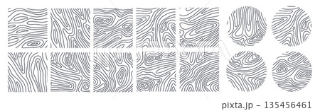 Abstract Wooden texture bib set. Hand drawn wood tree rings. Graphics round, square elements, outline tree rings, stumps structure. Decorative nature cutting wood circle. Vector illustration. 135456461