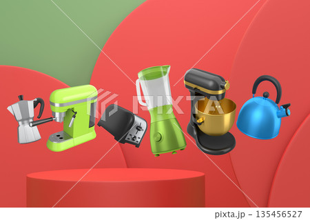Set of kitchen appliances including mixer, toaster, blender, and coffee maker on white colorful podium and background 135456527