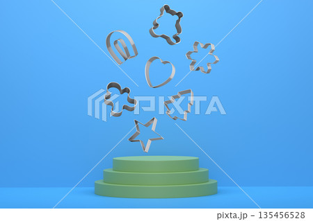 Set of cookie cutters float above podium with abstract background, symbolizing baking creativity 135456528