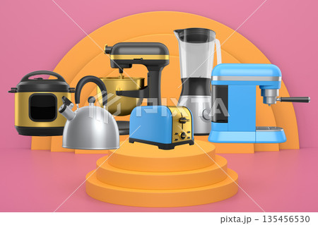 Set of kitchen appliances including mixer, toaster, blender, and coffee maker on white colorful podium and background 135456530