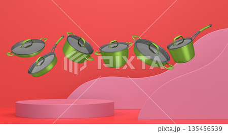 Set of kitchen cookware set with lids floating in midair, over colorfull podium and backdrop, concept of premium utensils 135456539