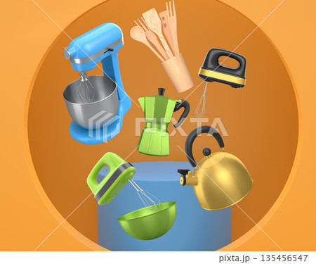 Assorted kitchen appliances including blender, toaster, kettle and coffee maker over podium on abstract background Assorted kitchen appliances including blender, toaster, kettle and coffee maker over podium on abstract background 135456547
