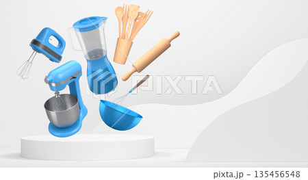 Floating kitchen tools including electric mixers, bowls, and utensils floating over podium on abstract background, baking tools Floating kitchen tools including electric mixers, bowls, and utensils floating over podium on abstract background, baking tools 135456548