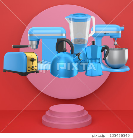 Set of kitchen appliances and utensils floating in mid-air over podium and abstract background, modern cooking concepts 135456549