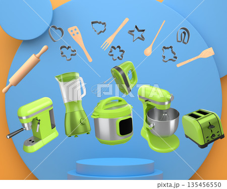 Set of kitchen appliances with baking tools and cookie cutters floating over podium, concept of modern cooking Set of kitchen appliances with baking tools and cookie cutters floating over podium, concept of modern cooking 135456550