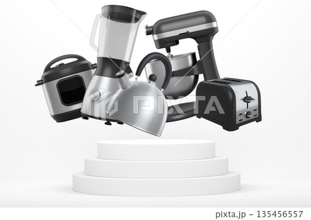 Set of kitchen appliances and utensils floating in mid-air over podium and abstract background, modern cooking concepts 135456557