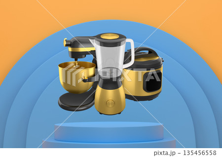 Set of kitchen appliances including a pressure cooker, blender, and mixer floating over podium on abstract background 135456558