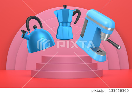 Set of kettle, moka pot and portafilter with black handles floating above pedestal and abstract minimal abstract background, Set of kettle, moka pot and portafilter with black handles floating above pedestal and abstract minimal abstract background, 135456560