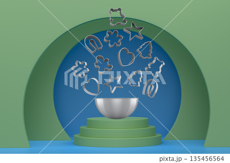 Set of cookie cutters float above a bowl and podium with abstract background, symbolizing baking creativity Set of cookie cutters float above a bowl and podium with abstract background, symbolizing baking creativity 135456564