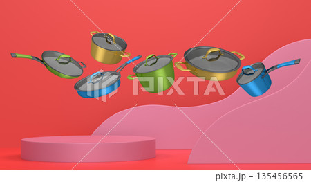 Set of kitchen cookware set with lids floating in midair, over colorfull podium and backdrop, concept of premium utensils 135456565