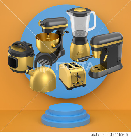 Set of kitchen appliances including mixer, toaster, blender, and coffee maker on white colorful podium and background 135456566