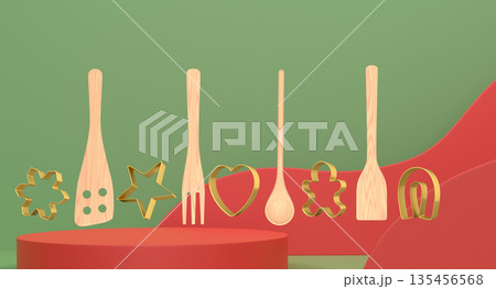 Set of kitchen utensils with matching cookie cutters in various shapes on abstract abstract background platform Set of kitchen utensils with matching cookie cutters in various shapes on abstract abstract background platform 135456568