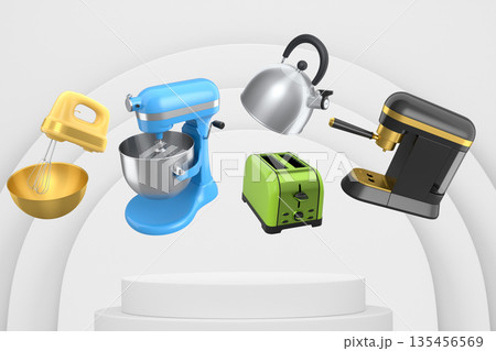 Set of kitchen appliances and utensils floating in mid-air over podium and abstract background, modern cooking concepts 135456569