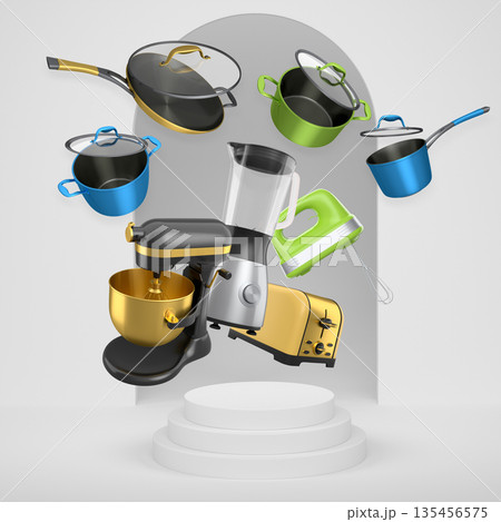 Assorted kitchen appliances and cookware floating against abstract backdrop and podium, modern culinary tools concept 135456575