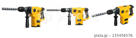 Set of electric rotary hammers with side handles and drill bits, isolated on white transparent background, concept of power tools 135456576