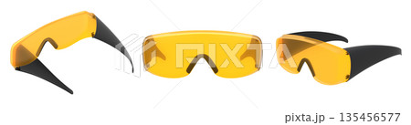 Protective safety plastic glasses with black frames isolated on white background with clipping path. 135456577