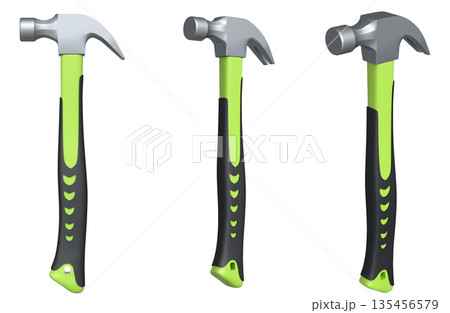 Set of claw hammers with yellow, green, and blue grips isolated on white background, concept of construction tools 135456579