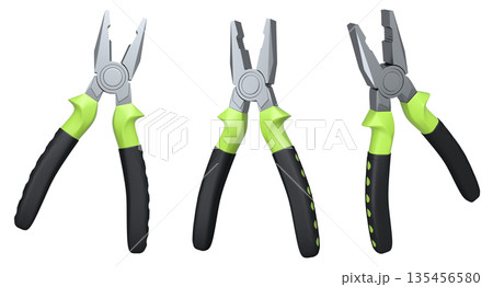 Set of steel pliers with black rubber grips and colorful handles shown isolated on white background, construction tool concept Set of steel pliers with black rubber grips and colorful handles shown isolated on white background, construction tool concept 135456580