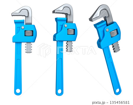 Set of colorful pipe wrenches with metallic jaws isolated on white background with clipping path, concept of construction tools 135456581