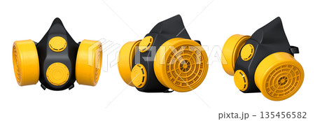 Set of professional respirator gas masks with dual filters on white background with clipping path. Concept of construction tools 135456582