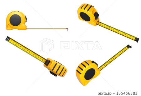 Set of measuring tapes in green, blue, and yellow with extended rulers, isolated on white background with clipping path 135456583
