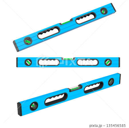 Set of bubble spirit levels with black handles on white background with clipping path, representing construction tools Set of bubble spirit levels with black handles on white background with clipping path, representing construction tools 135456585