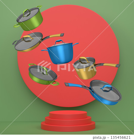 Set of kitchen cookware set with lids floating in midair, over colorfull podium and backdrop, concept of premium utensils 135456621