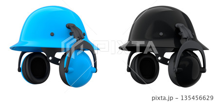 Protective helmets with attached earmuffs isolated on white background with clipping path, safety construction equipment 135456629