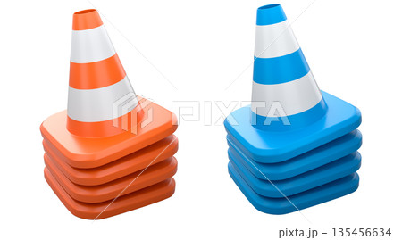 Traffic safety cones with white stripes, isolated on white background with clipping path. Concept of road safety equipment 135456634