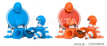 Construction hard hats, traffic cones, and road signs isolated on white background with clipping path, concept of safety gear Construction hard hats, traffic cones, and road signs isolated on white background with clipping path, concept of safety gear 135456644