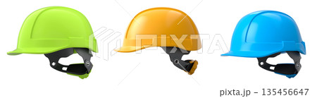 Set of construction safety helmets isolated on white transparent background, symbolizing safety and industry standards Set of construction safety helmets isolated on white transparent background, symbolizing safety and industry standards 135456647