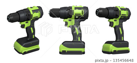 Set of cordless electric drills standing upright, isolated on white background with clipping path, power tool design concept 135456648