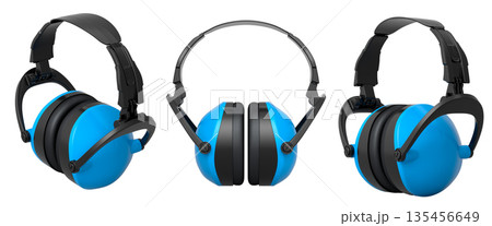 Set of colorful protective earmuffs isolated on a white background with clipping path, concept of hearing protection Set of colorful protective earmuffs isolated on a white background with clipping path, concept of hearing protection 135456649