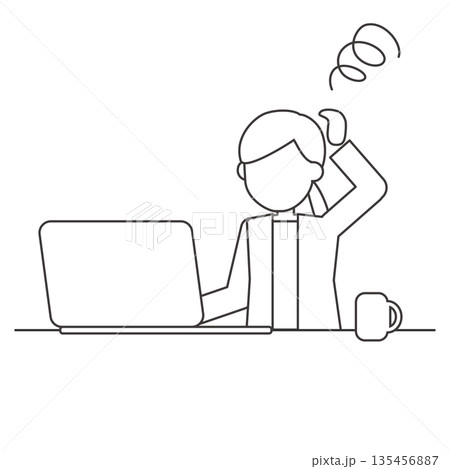 パソコン作業がうまくいかず悩む女性の線画イラスト 135456887