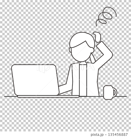 パソコン作業がうまくいかず悩む女性の線画イラスト 135456887