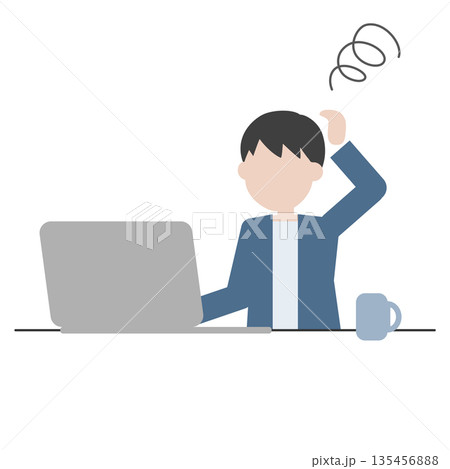 パソコン作業がうまくいかず悩む男性のイラスト 135456888