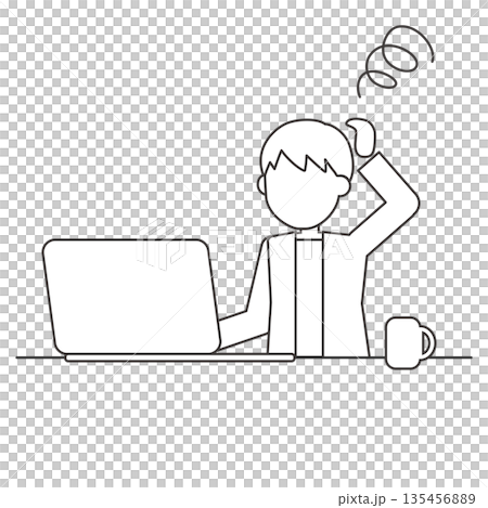 Line drawing illustration of a man having trouble working on a computer Line drawing illustration of a man having trouble working on a computer 135456889