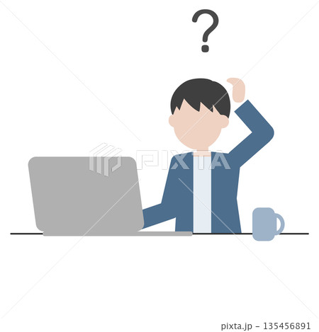 パソコン作業中に疑問を感じる男性のイラスト パソコン作業中に疑問を感じる男性のイラスト 135456891