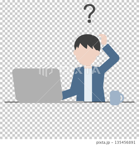 パソコン作業中に疑問を感じる男性のイラスト パソコン作業中に疑問を感じる男性のイラスト 135456891