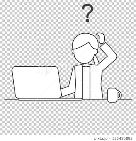 パソコン作業中に疑問を感じる女性の線画イラスト 135456892