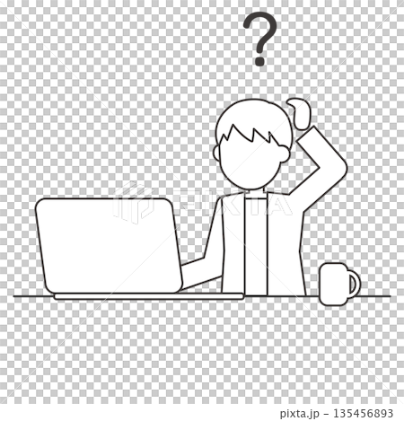 Line drawing of a man feeling doubtful while working on a computer Line drawing of a man feeling doubtful while working on a computer 135456893