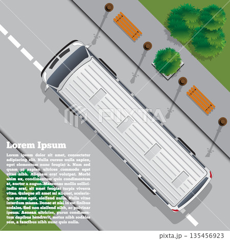 The bus goes on the road. View from above. Vector illustration. 135456923