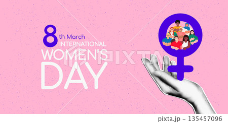 International Women's day horizontal banner template with cut out halftone hand holding female Venus symbol. Give to Gain IWD 2026 concept. Vector illustration isolated on pink dotted background 135457096