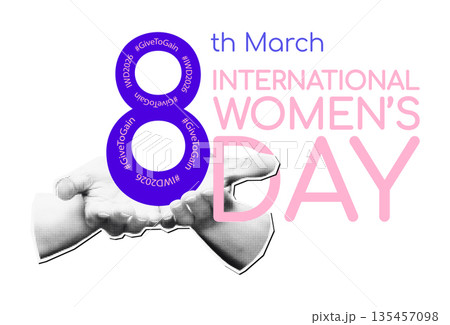 Give To Gain IWD 2026 concept. Halftone female hands holding number 8 with hashtags. International Women's day. Modern retro sticker, clip art for mixed media design Vector illustration 135457098