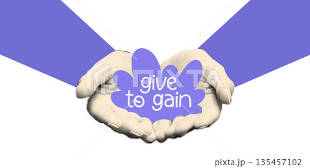 Give To Gain IWD 2026 concept. Female hands with open palms giving gesture, halftone collage shapes and doodles International Women's day sticker Vector illustration isolated on transparent background 135457102