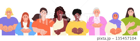 Give To Gain IWD 2026 concept. Diverse happy women with open palms, hands giving gesture International Women's day banner, border isolated on transparent background. Modern flat vector illustration  135457104