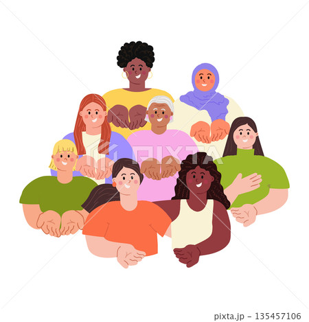 Give To Gain IWD 2026 concept. Diverse happy women with open palms, hands giving gesture. International Women's day sticker, print, clip art. Modern flat vector illustration on transparent background 135457106